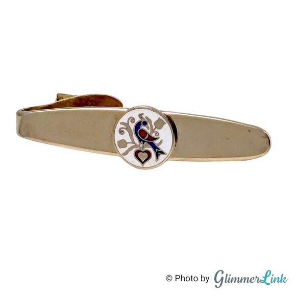 Vintage Robbins Co PA Dutch Hex Thistle Finch Cloisonne Gold Tone Tie Bar Clip - Picture 1 of 11